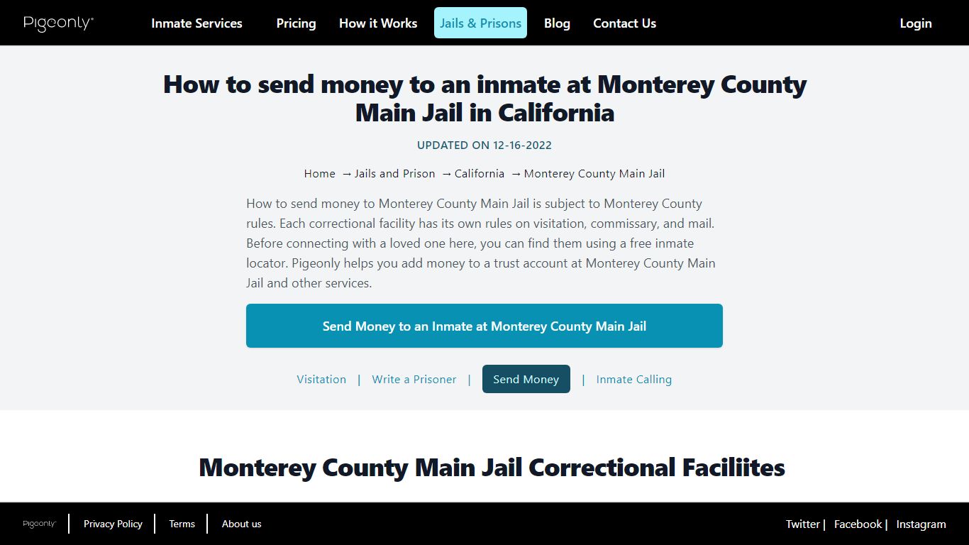 Send Money to Inmate Monterey County Main Jail, California - Pigeonly